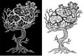 Black and white mystic fantasy tree line art vector illustration Royalty Free Stock Photo